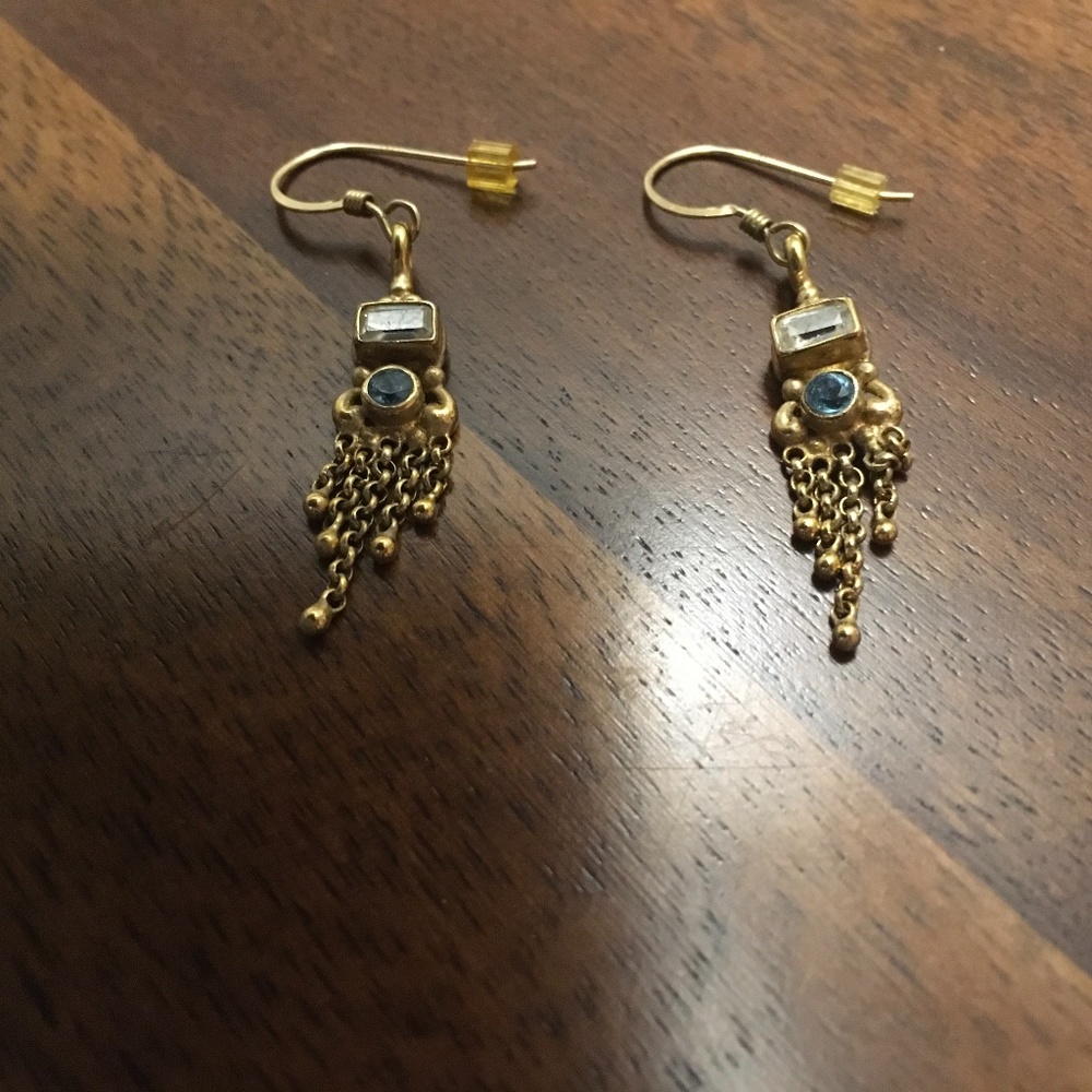 Shepherd hook gold tone blue and white earrings